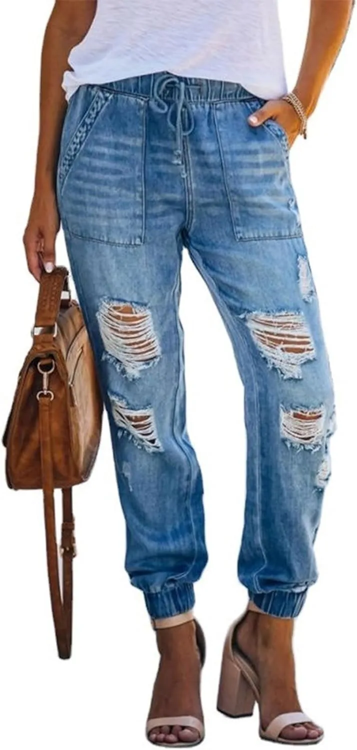 

Женские джинсовые джоггеры Sexyshine с завязками и потертостями