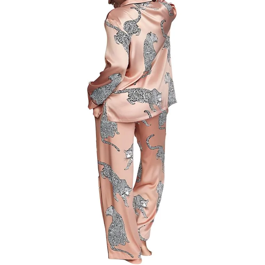 Victoria's Secret Пижамный комплект Sweet Limited Satin Long Pajama Set/Evening Blush Leopards, женский, темно-розовый — фото 3