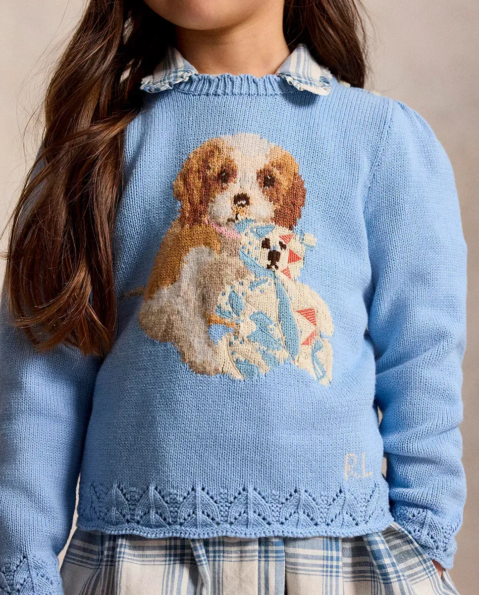 Джемпер для девочки с круглым воротником с фестонами Polo Ralph Lauren, светло-голубой — фото 2