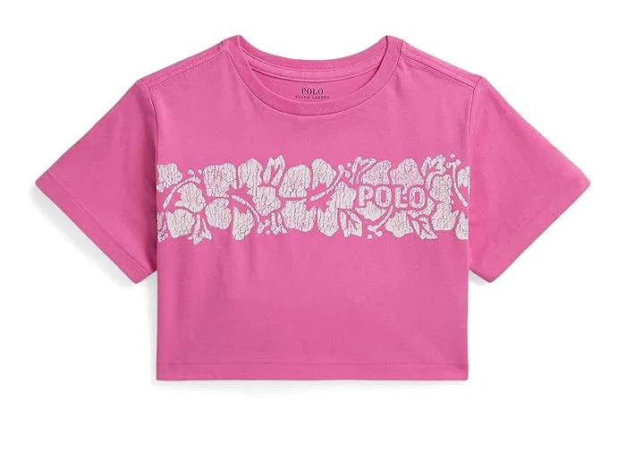 Футболка с принтом Floral-Print Logo Cotton Boxy Tee Polo Ralph Lauren Kids, Dalia Pink