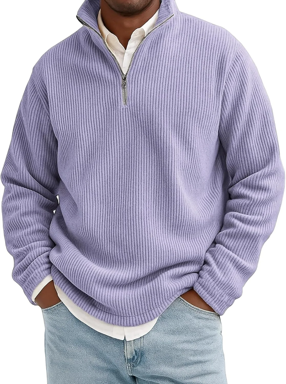 

Мужской свитер-пуловер с четвертью молнии из вельвета, воротник-стойка, длинный рукав