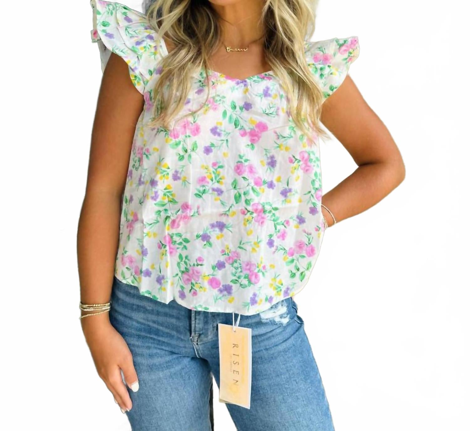 

Топ с цветочным принтом, вырезом "сердечко" и рукавами-рюшами в кремовом цвете Blu Pepper