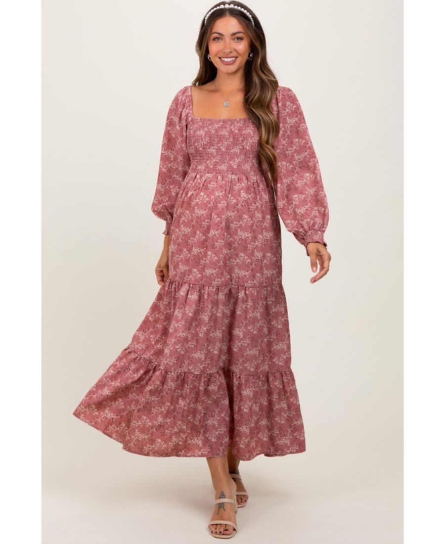 

Длинное платье для беременных с цветочным принтом и присборенным квадратным вырезом, сиреневого цвета Pinkblush, Mauve