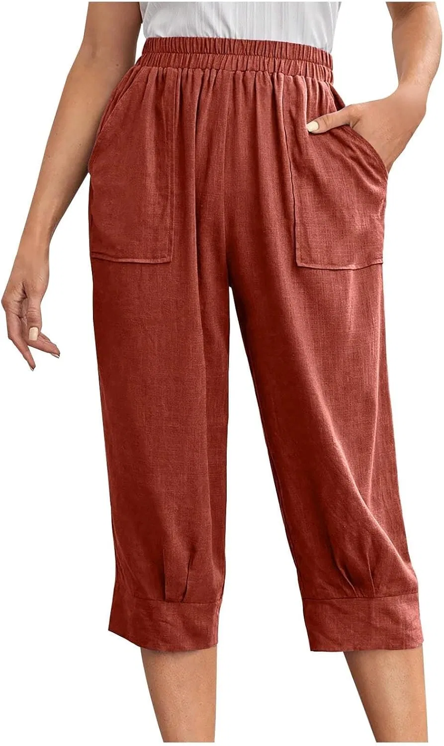 Брюки повседневные, прямые, Linen Capri Pants, deep Red