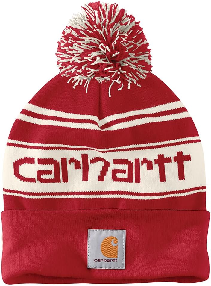 

Carhartt мужская шапка-бини с помпоном и логотипом, Red/Winter White Marl