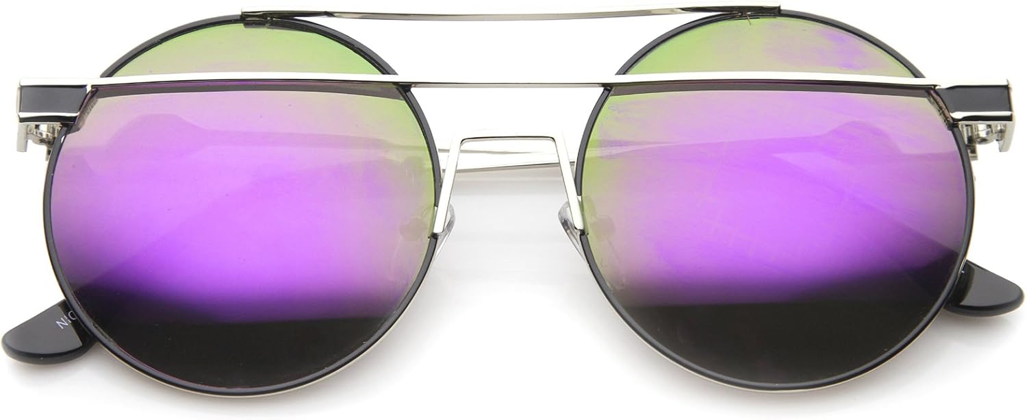 

Солнцезащитные очки zeroUV в современном стиле с металлической оправой, двойной перемычкой, цветными зеркальными линзами, круглые, 59 мм, Silver-black / Purple Green Mirror