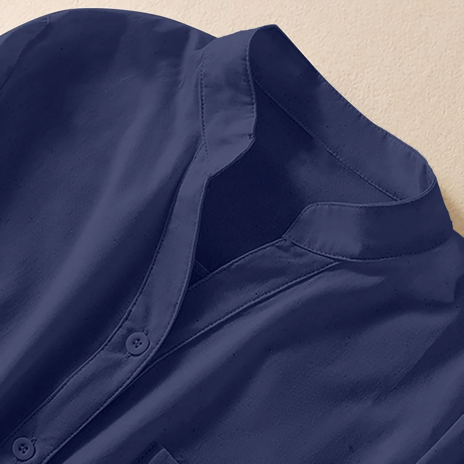 Блуза с воротником-стойкой, Cotton and Linen Women Shirt, темно-синий — фото 4