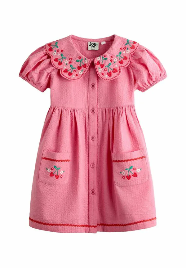 Платье-Рубашка прямого кроя с воротником и пуговицами. Jojo Maman Bébé, Pink Cherry Embroidered