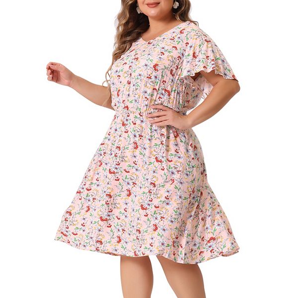 

Платье женское plus size с рюшами, коротким рукавом и цветочным принтом midi Agnes Orinda, Light Pink