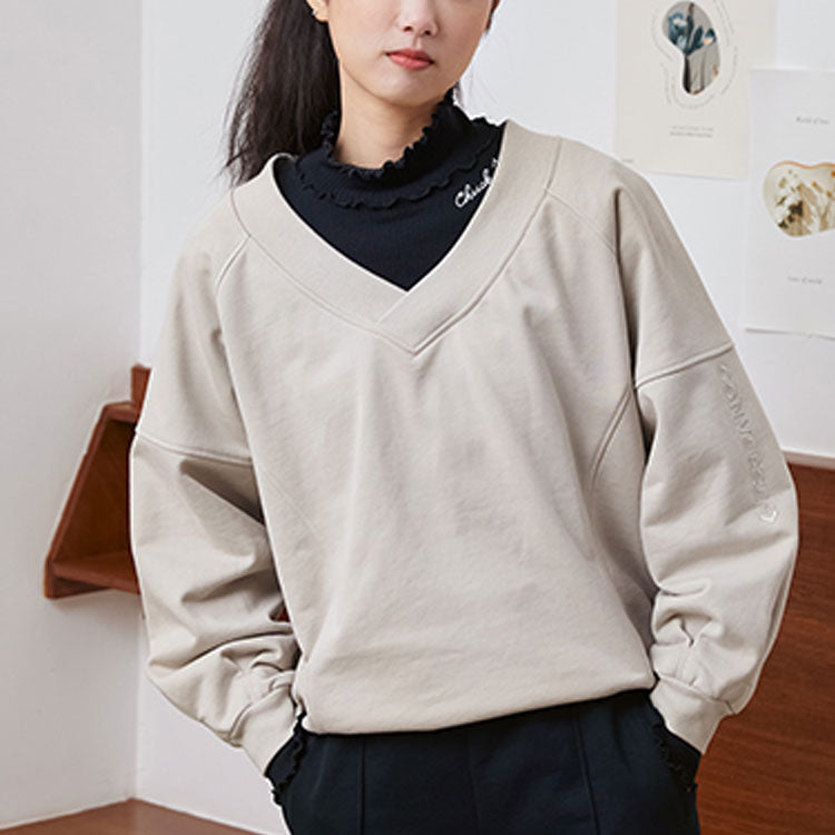 Толстовка (WMNS) Converse Solid Color Loose Knit V Neck Beige Hoodie 10022959-A05, кремовый — фото 4