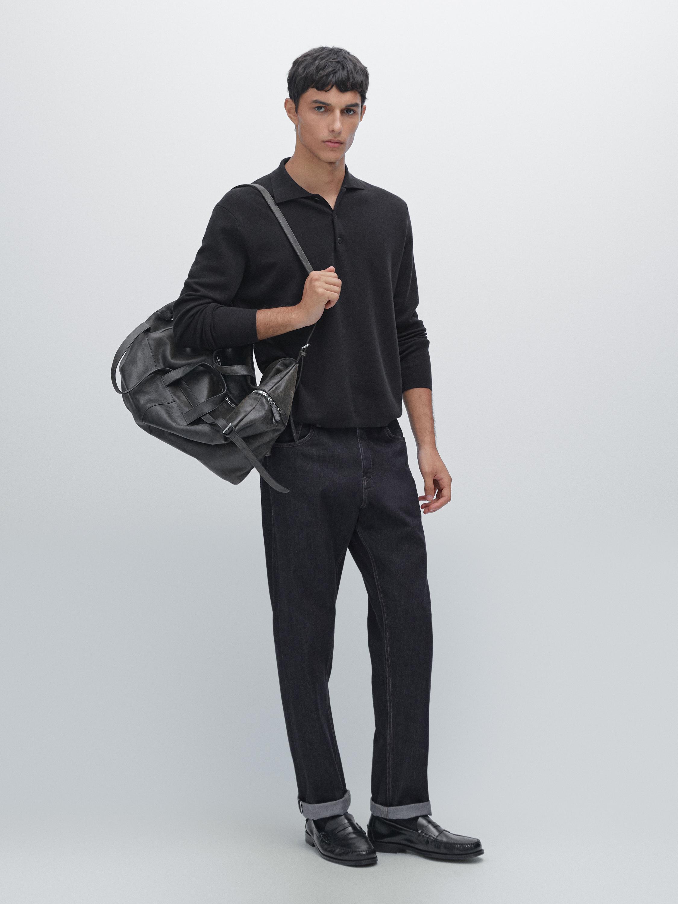 

Вязаный свитер-поло из шерсти и хлопка Massimo Dutti, темно-синий