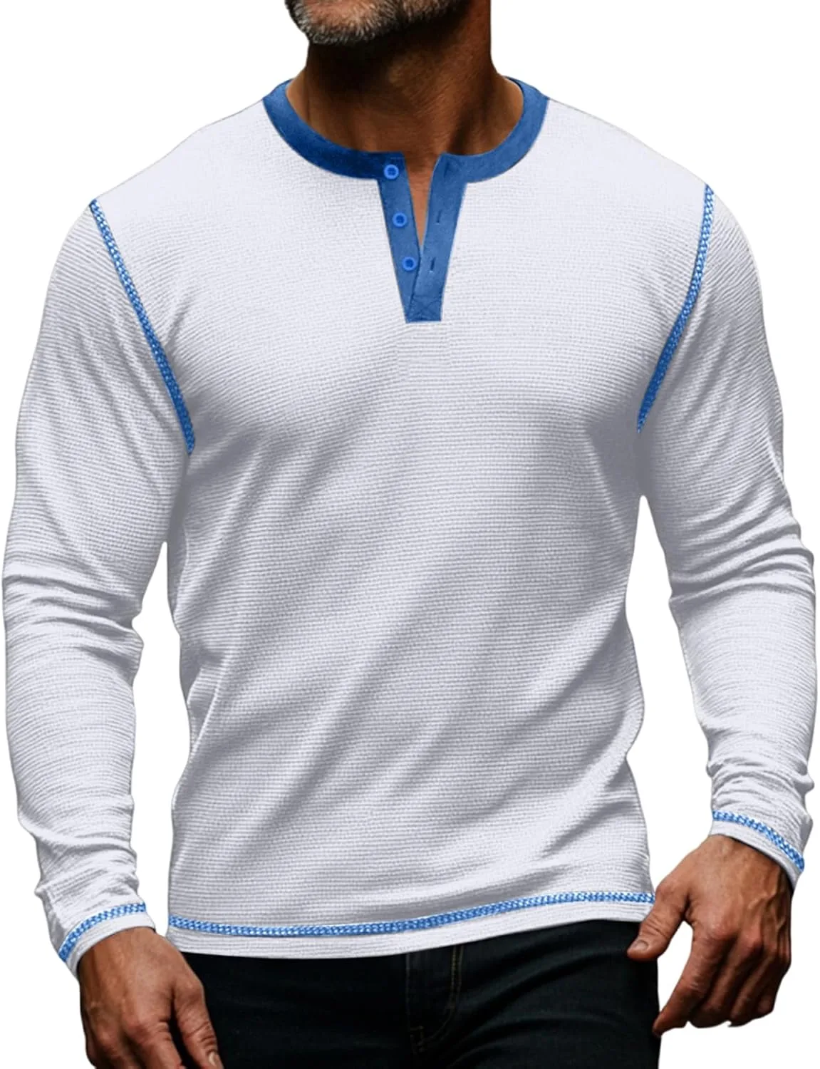 

Мужская рубашка поло с длинным рукавом, вафельная вязка, контрастный пэчворк