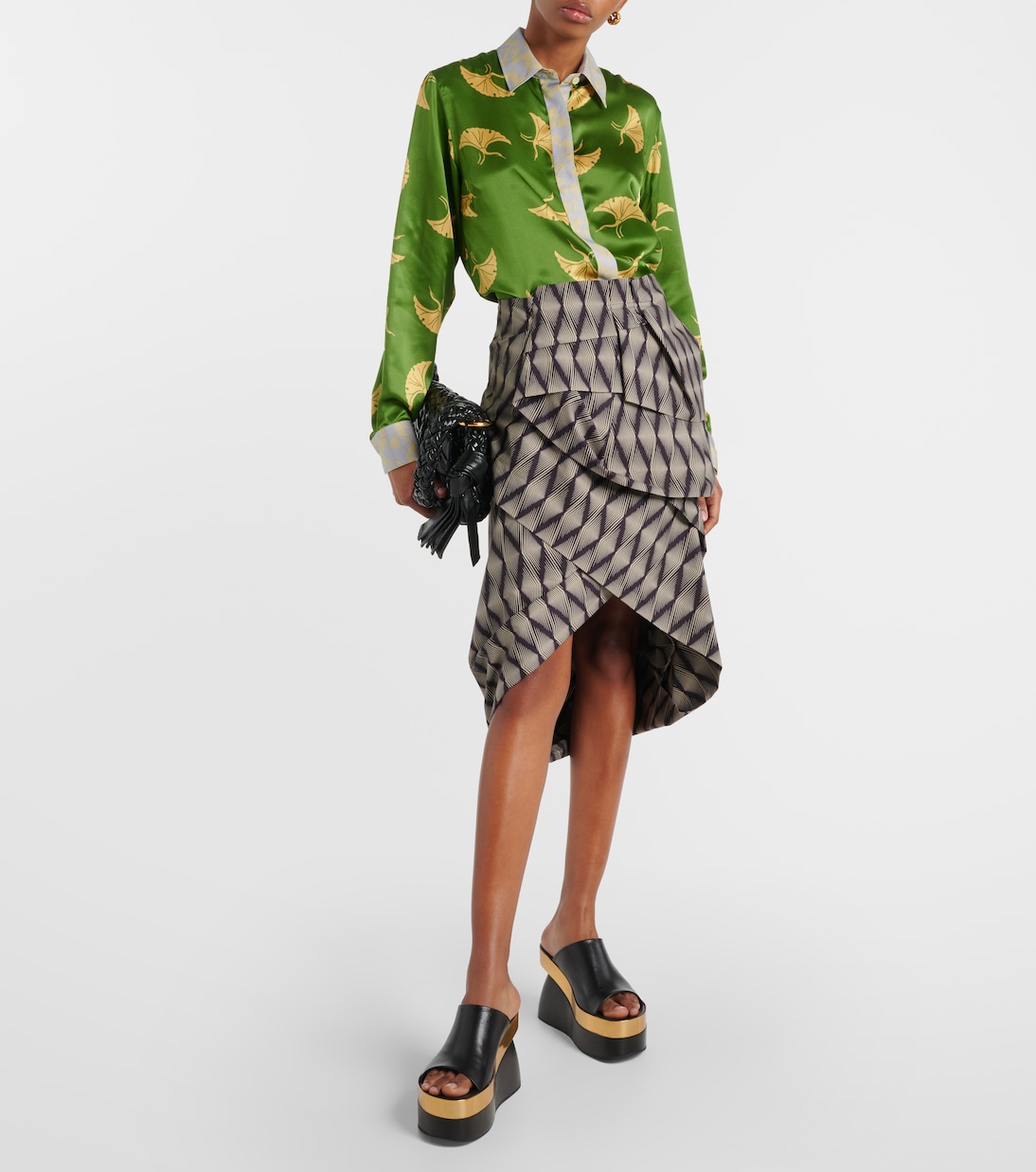 Рубашка из смесового шелкового атласа с принтом Dries Van Noten, зеленый — фото 2