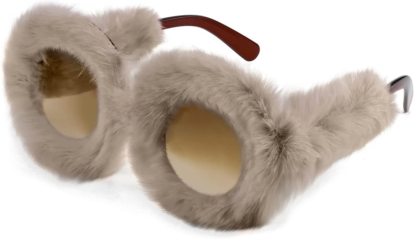 

FEISEDY Женские плюшевые пушистые солнцезащитные очки «кошачий глаз» в стиле панк, мягкие бархатные очки ручной работы для вечеринок и маскарадов B2877, Brown Round 2889