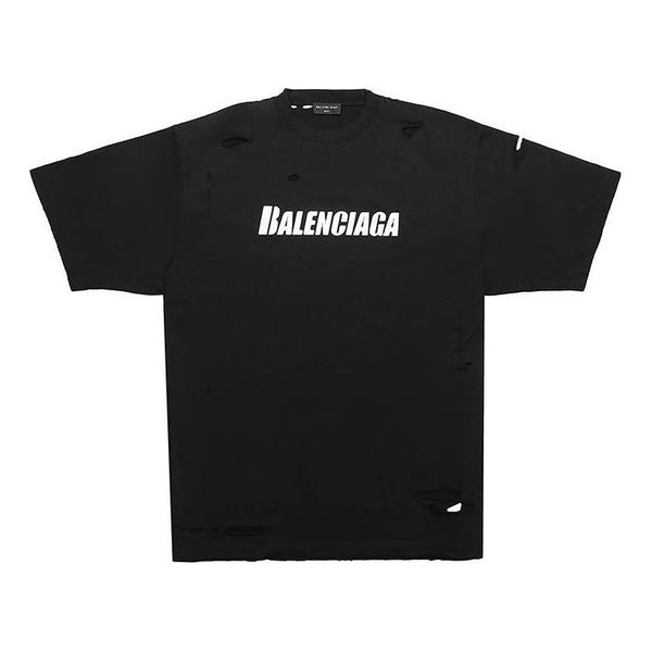 

Футболка men's ss21 alphabet printing pattern hole round neck short sleeve black Balenciaga, черный