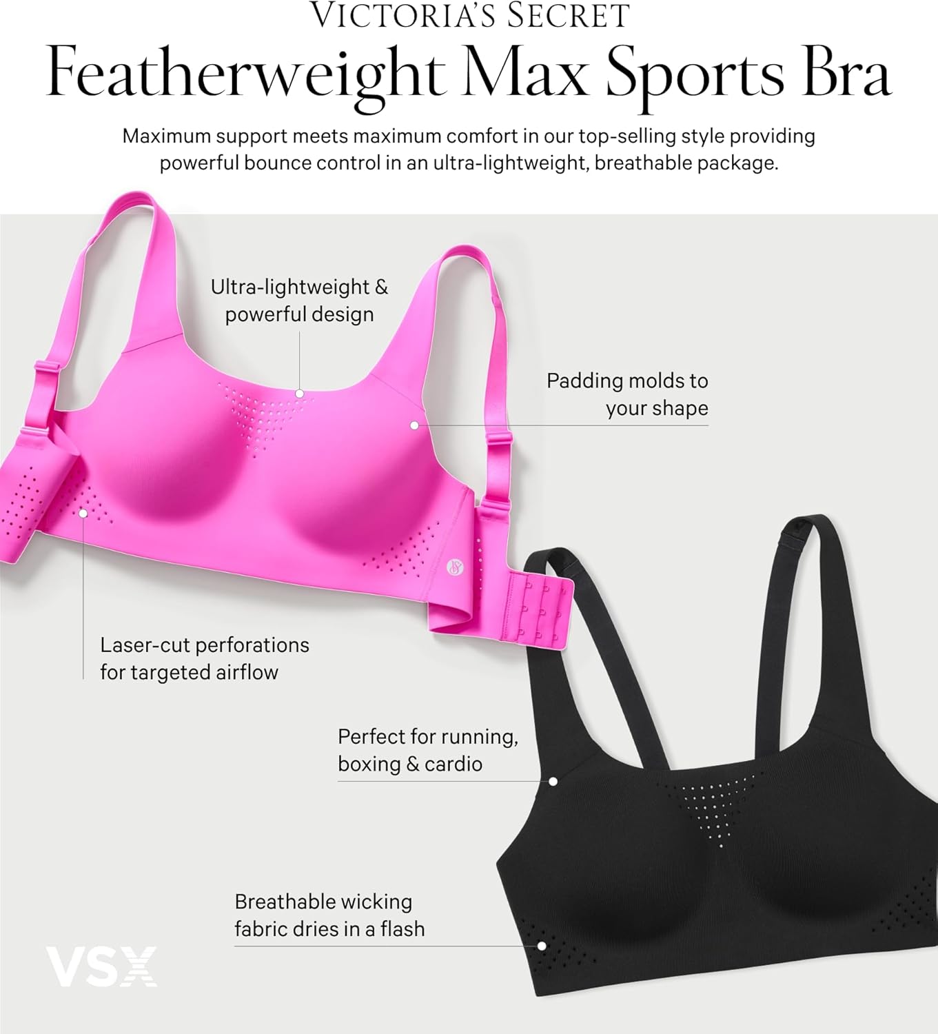 Женский спортивный бюстгальтер Victoria's Secret VSX Featherweight Max, с высокой ударопрочностью и без косточек (32A-38DD), Black — фото 4