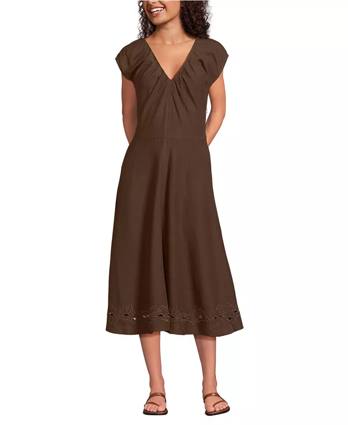 

Женское миди-платье с коротким рукавом из хлопковой смеси с ажурной вышивкой Lands' End, коричневый