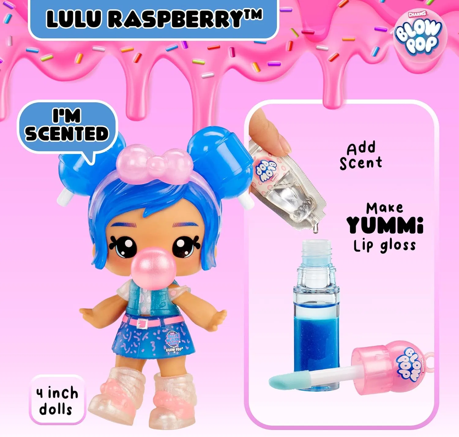 Набор для создания блеска для губ Yummiland x Blow Pop «Lulu Raspberry» с куклой и брелоком Yummiland, Lulu Raspberry — фото 4