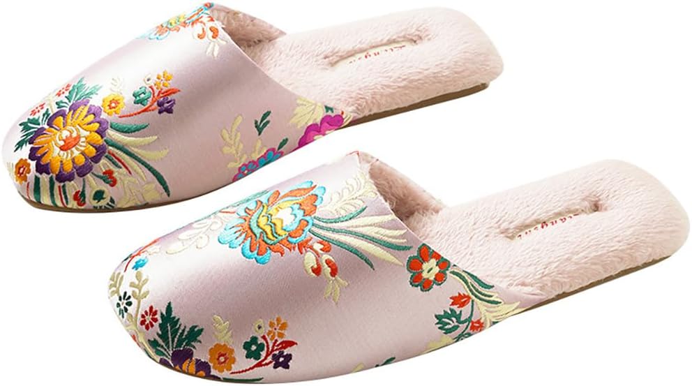 

Вышитые атласные тапочки Yafirgeer для женщин и мужчин, с флисовой подкладкой, теплые тапочки, элегантная домашняя обувь, сандалии для дома и улицы, розовый