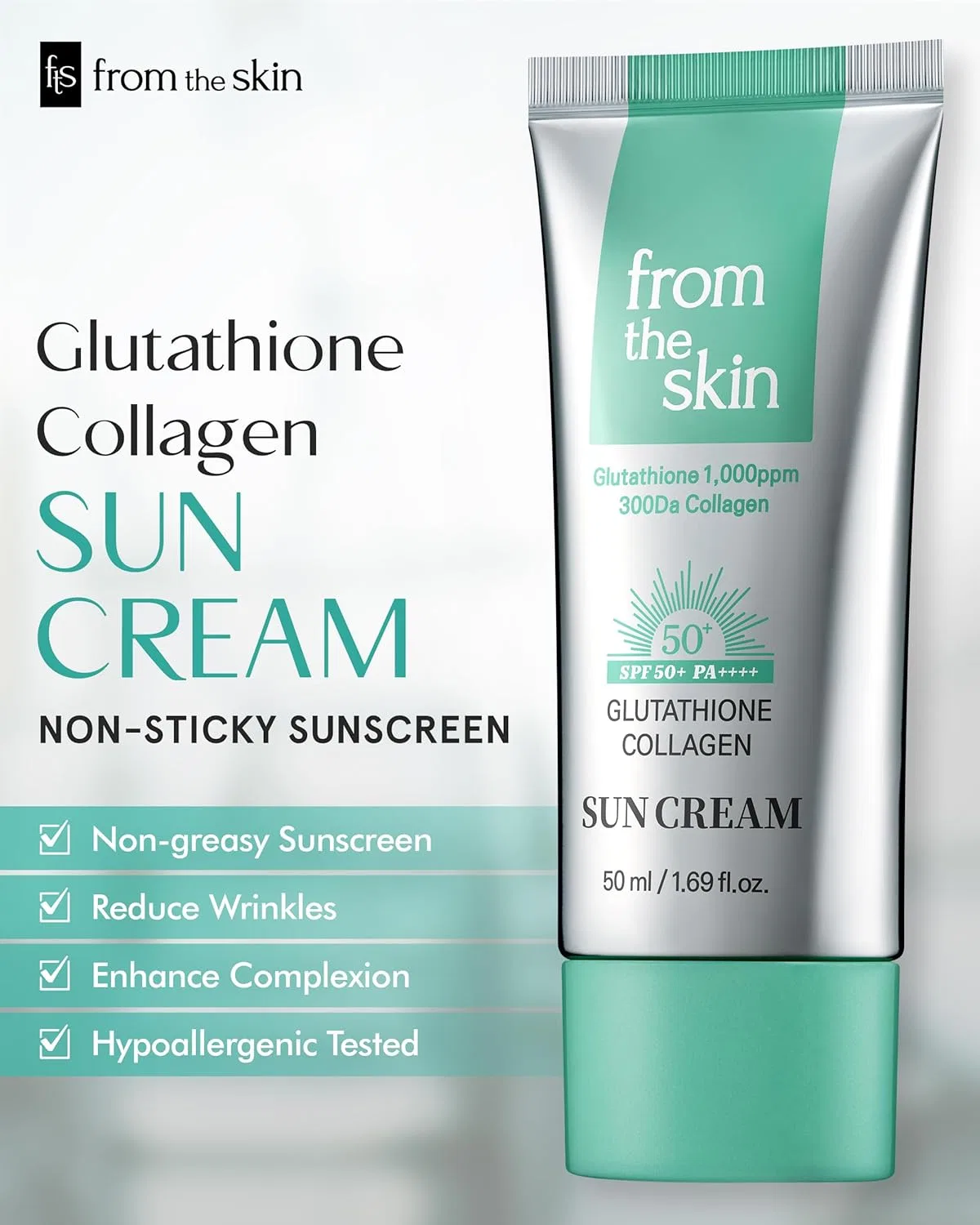 Солнцезащитный крем SPF50+ PA+++ FROM THE SKIN с глутатионом и коллагеном, 50 мл, зеленый — фото 2
