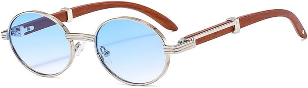 

Ретро-солнцезащитные очки в маленькой овальной оправе с дужками под дерево для женщин и мужчин. Модные солнцезащитные очки для активного отдыха, поездок и путешествий с защитой от УФ-излучения UV400 UJNHGQ, Silver Gradient Blue