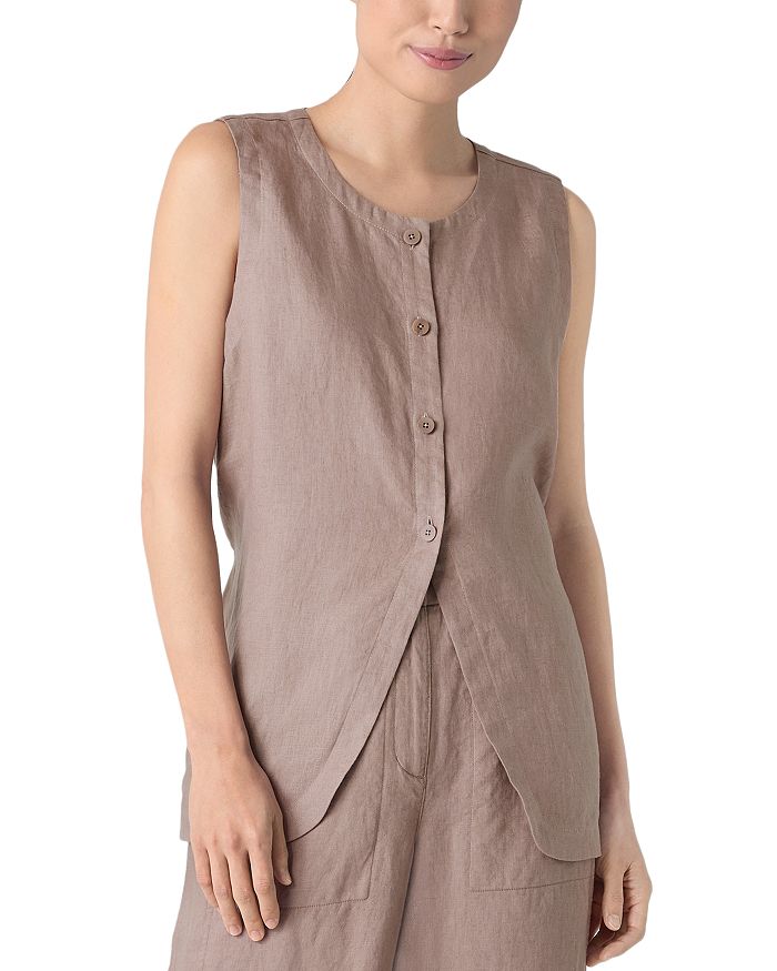 

Льняной длинный жилет с круглым вырезом Eileen Fisher, коричневый