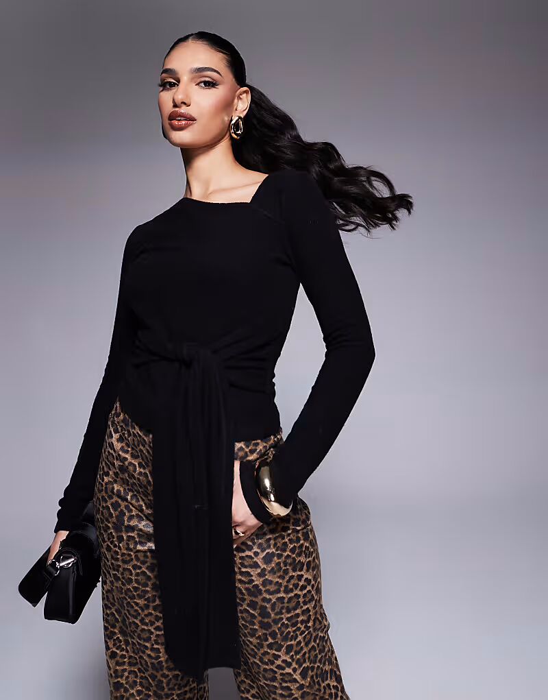 

Топ ASOS DESIGN с асимметричным вырезом, длинными рукавами и завязкой на талии, черный