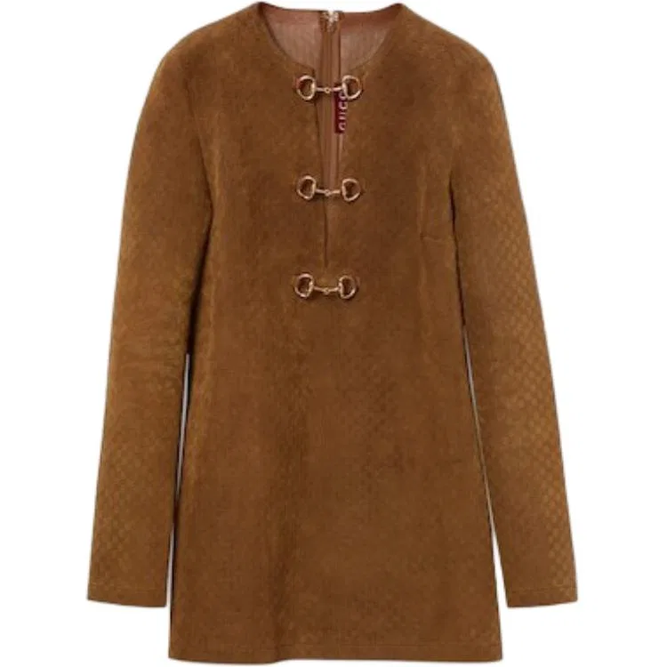Мини-платье GUCCI с монограммой и деталью Horsebit, с монограммой, Umber