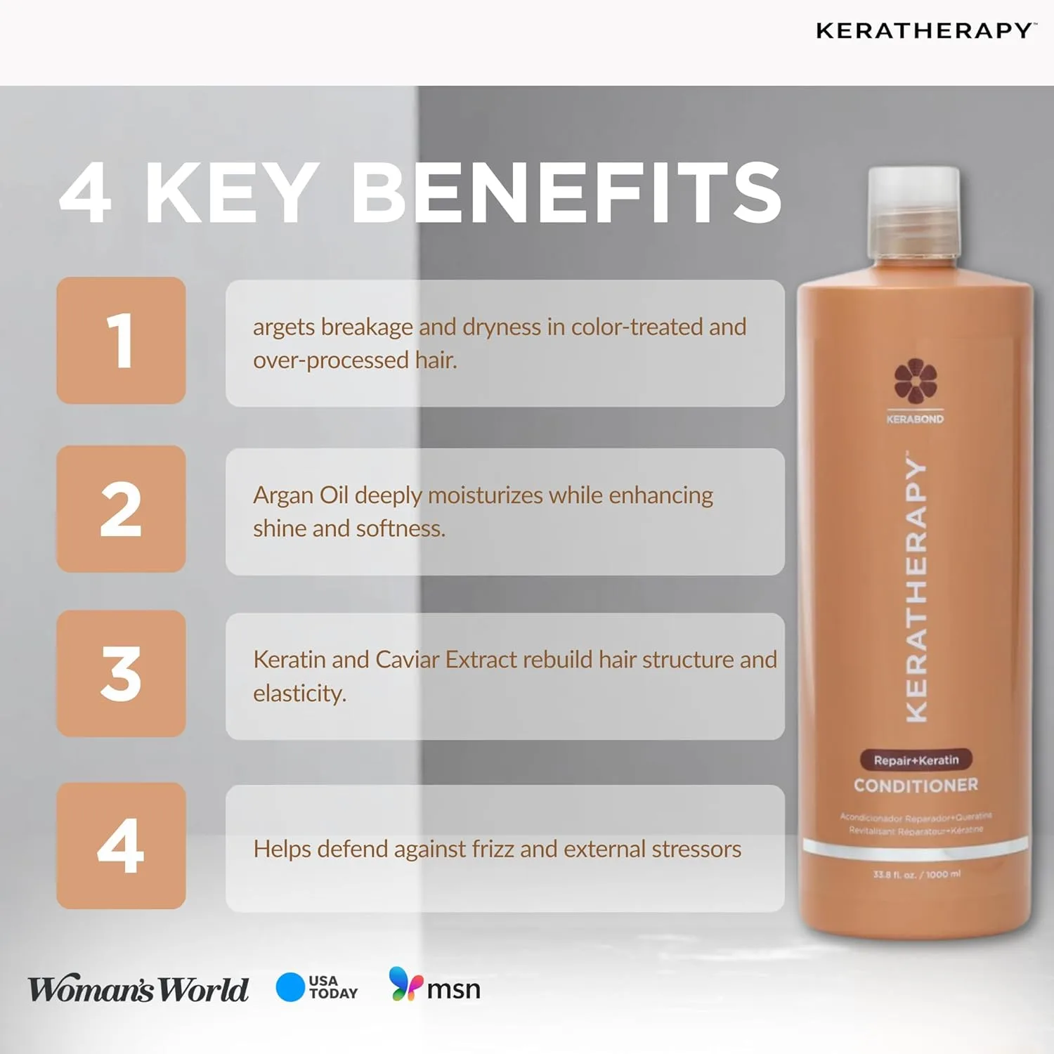 KERATHERAPY Keratin Infused KeratinFIXX Repair Conditioner, 1000 мл - восстанавливающий кондиционер для сухих, поврежденных или пушащихся волос с экстрактом икры, аргановым маслом и Kerabond — фото 4