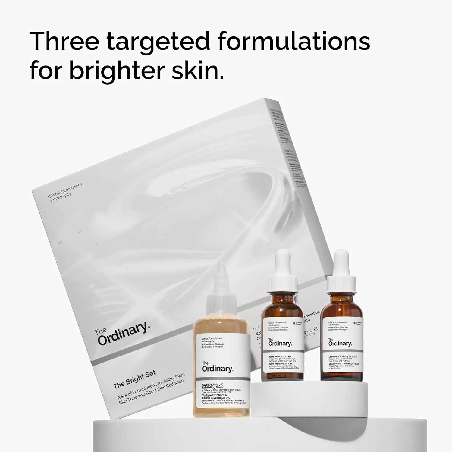 The Ordinary The Bright Set, 3-шаговая система для сияния и ровного тона кожи с тоником Glycolic Acid 7%, сывороткой Alpha Arbutin 2% + HA и средством Caffeine Solution 5% + EGCG — фото 3