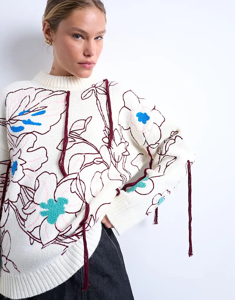 

Вязаный джемпер премиум-класса Topshop свободного кроя с вышивкой цвета слоновой кости