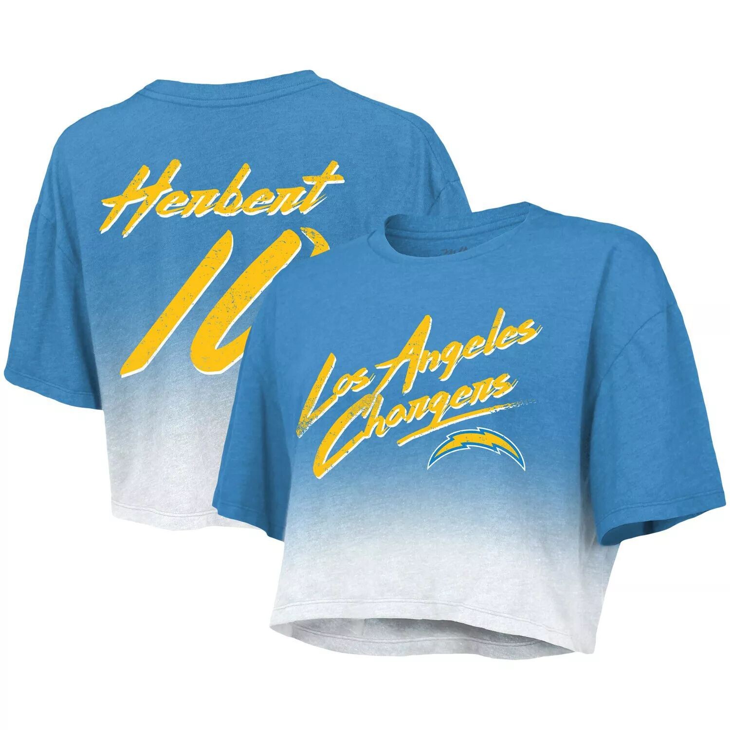 

Женская футболка Majestic Threads Justin Herbert Powder Blue/White Los Angeles Chargers Drip-Dye, имя и номер игрока, укороченная футболка Tri-Blend Majestic