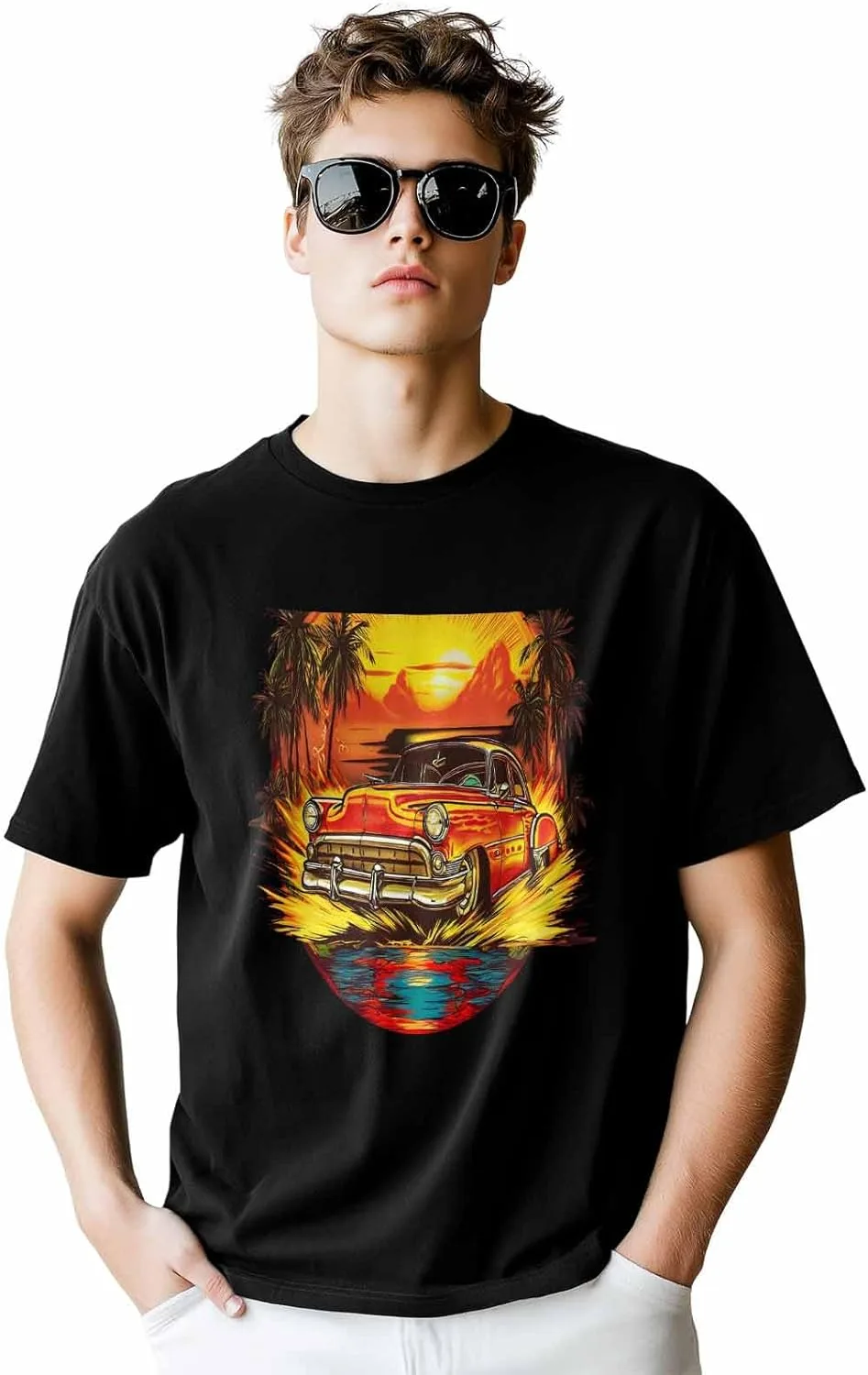 

Мужская футболка с коротким рукавом, Red Cat, мягкий хлопок, принт с деревьями и закатом ZOE STORE