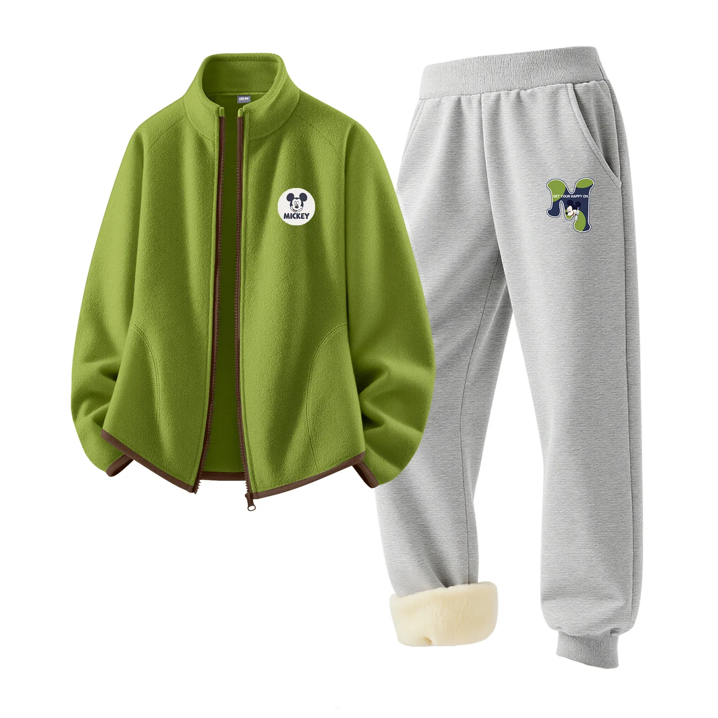 Детский спортивный костюм с круглым вырезом Disney, [Thickened and Fleece-Lined]Dichi Zhong Round Hook-and-Loop K Matcha Green+Dichi K Gray