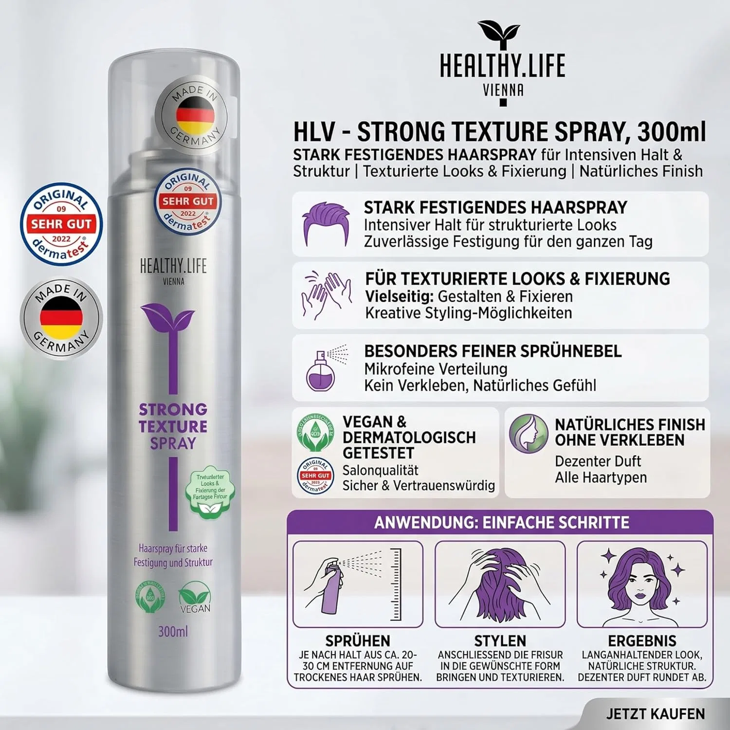 Веганский спрей для волос HLV Strong Texture Spray, 300 мл Healthy.Life Vienna — фото 3