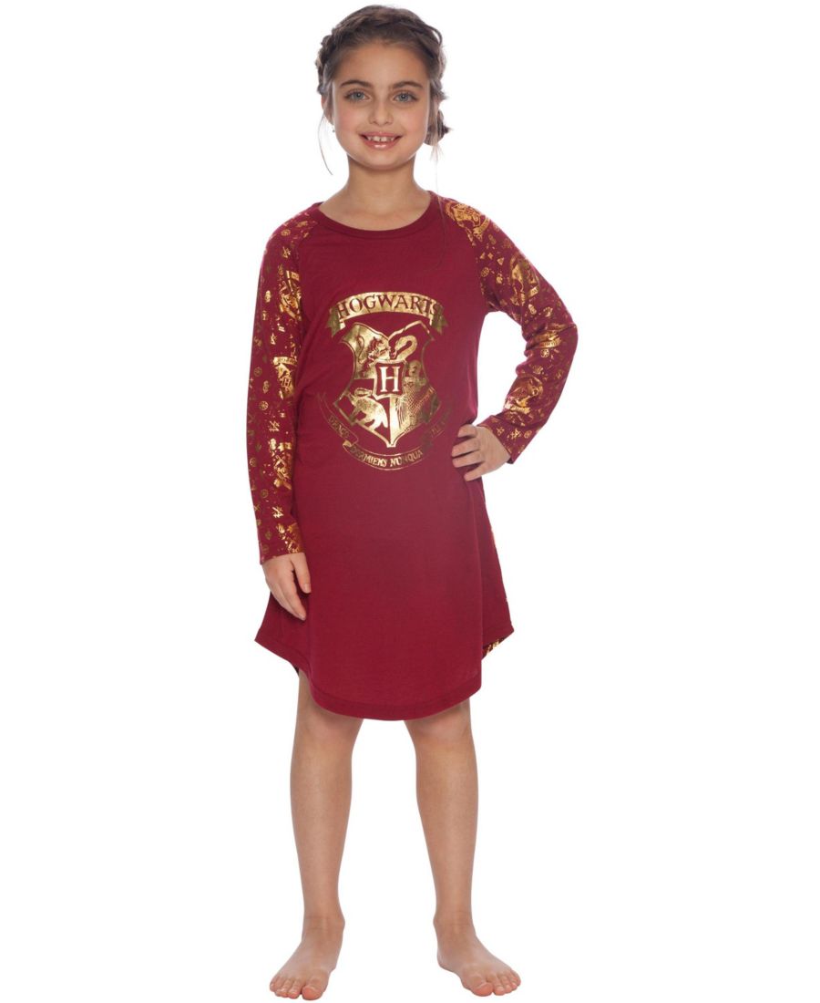 

Ночная рубашка для девочек постарше, с золотым фольгированным гербом замка Хогвартс, пижама с длинными рукавами, домашняя одежда для сна Harry Potter, Red