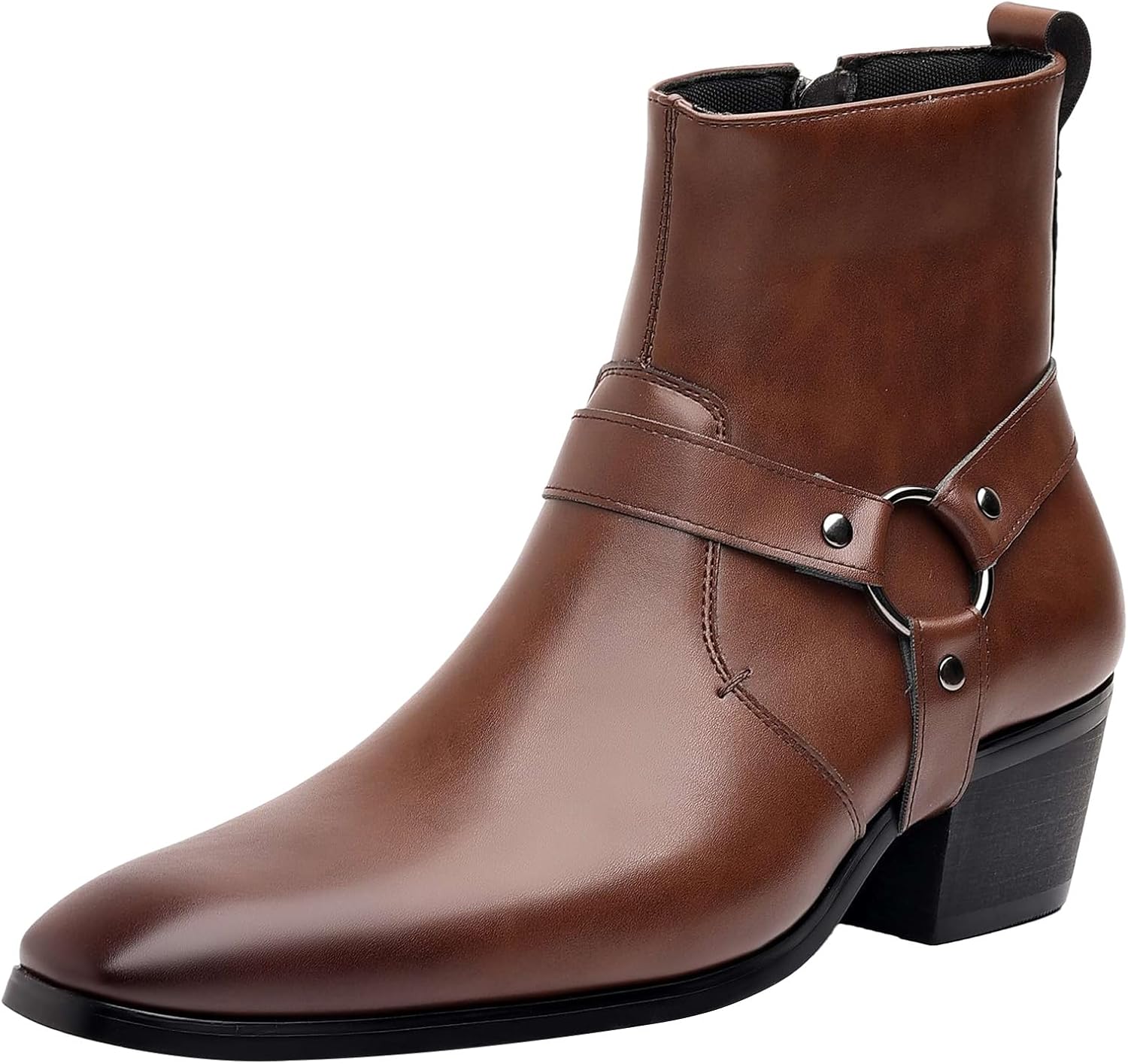 

Мужские ботильоны на среднем каблуке с заклепками, ремешками и боковой молнией, байкерские Jamron, Coffee