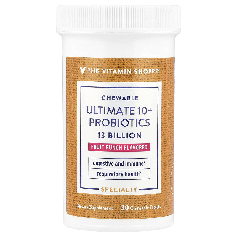 

The Vitamin Shoppe, Chewable Ultimate 10+, пробиотики, фруктовый пунш, 13 млрд, 30 жевательных таблеток