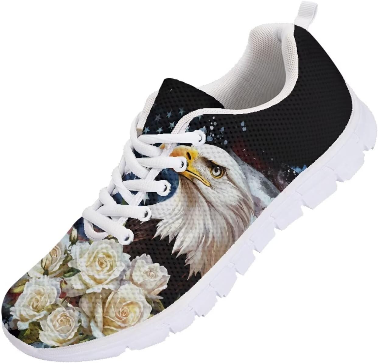 

Кроссовки с американским флагом и рисунком розы, легкие кеды для мужчин и женщин, для бега, прогулок и тенниса на 4 июля, День независимости Getelinseng, Bold Eagle American Flag Rose