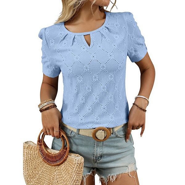

Женский топ с коротким рукавом и кружевной вязкой Kojooin, Sky Blue