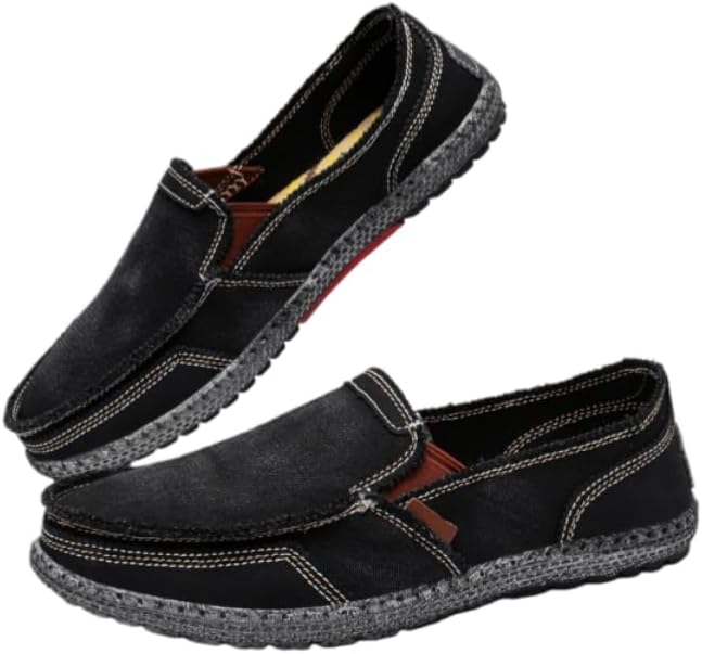 

Мужские дышащие мокасины из ткани - противоскользящие повседневные кроссовки с резиновой подошвой, винтажный уличный стиль, легкое надевание, комфорт на все сезоны для повседневной одежды Minlaidian, черный