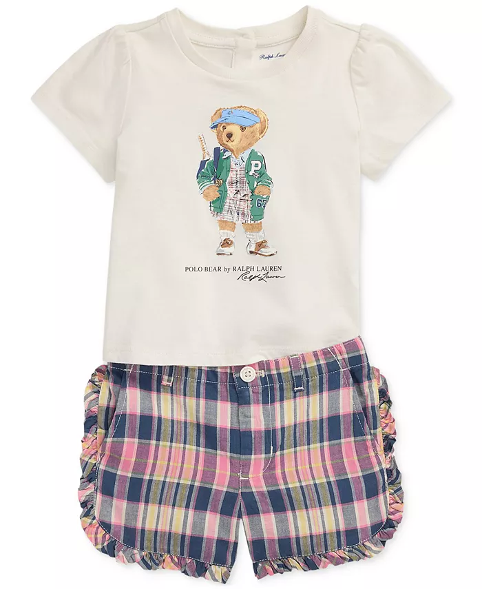 

Комплект для девочек: футболка Polo Bear и шорты Madras Polo Ralph Lauren, мультиколор