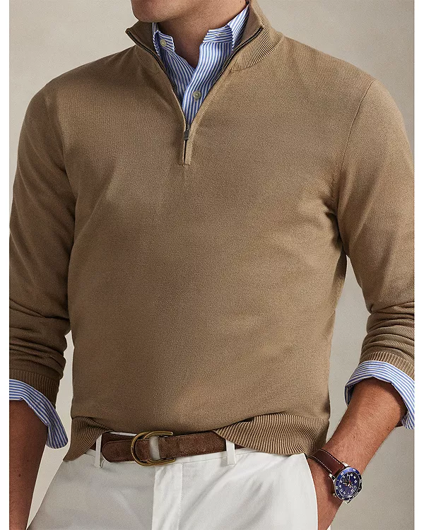 Хлопковый свитер с воротником-стойкой на молнии до середины груди Polo Ralph Lauren, коричневый — фото 4