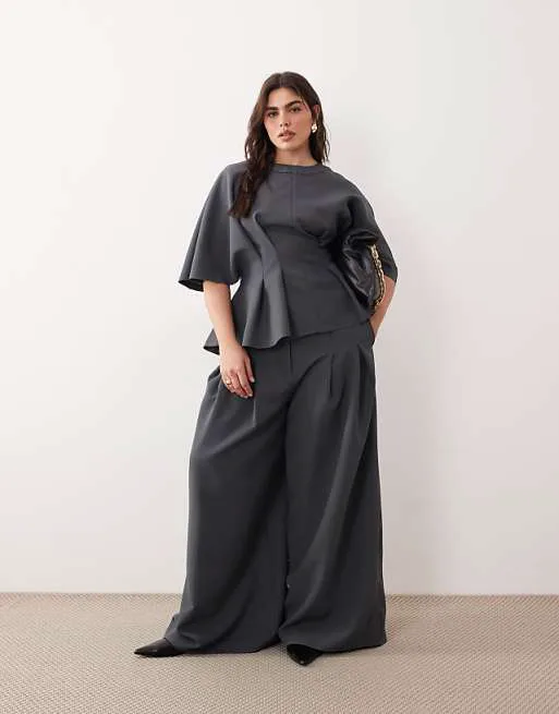 

ARRANGE Curve pleat waist tailored wide leg trouser co-ord in charcoal