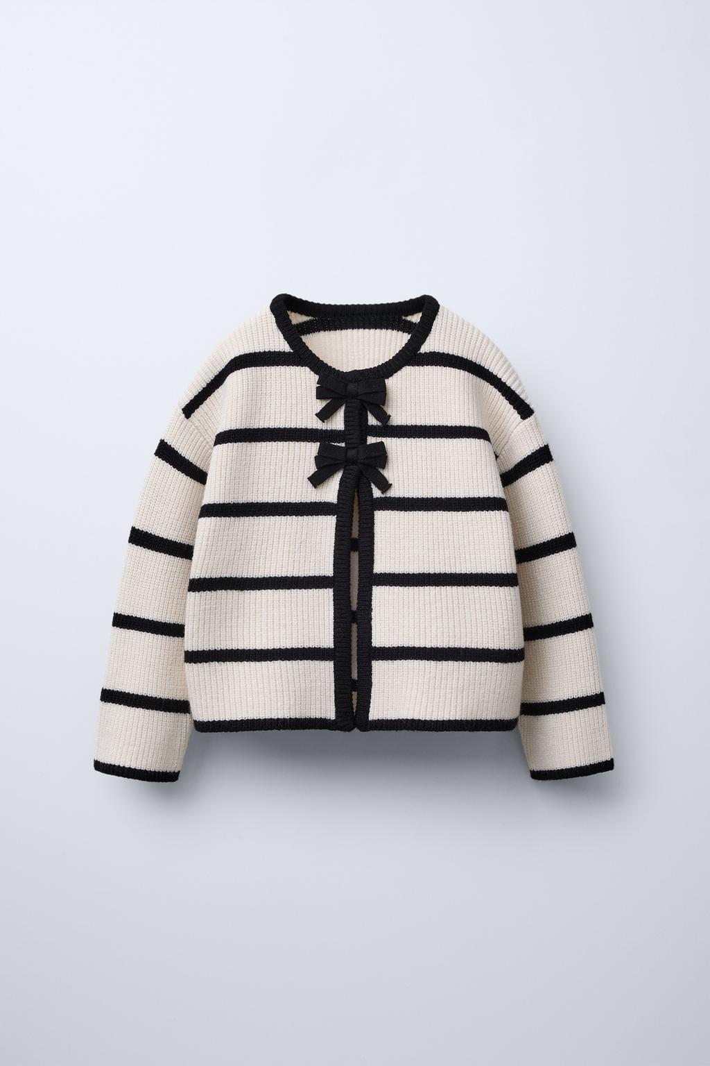

Полосатый вязаный кардиган с бантиками ZARA, экрю/черный