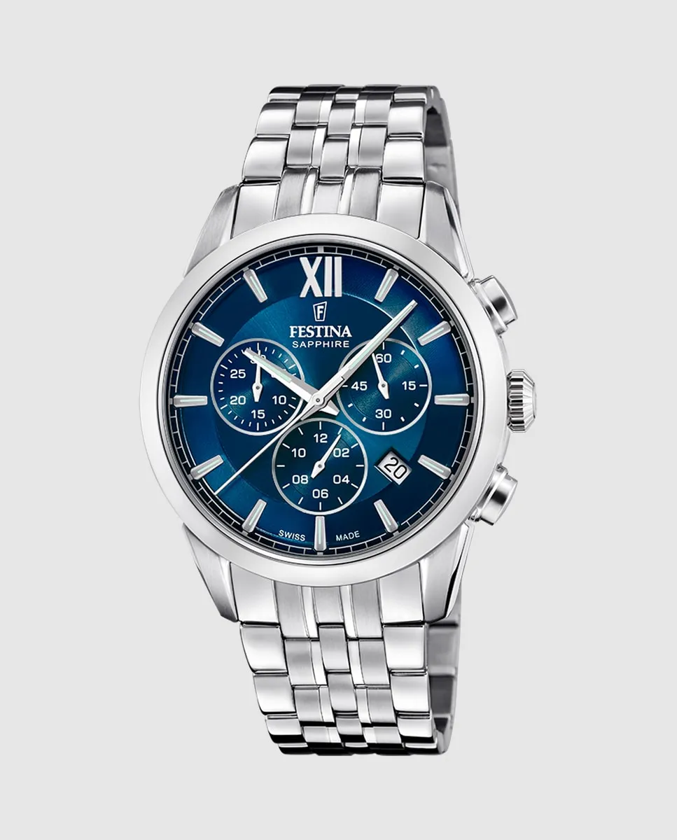 

Мужские часы F20040/2 Chrono Swiss Made из серебристой стали Festina, серебряный