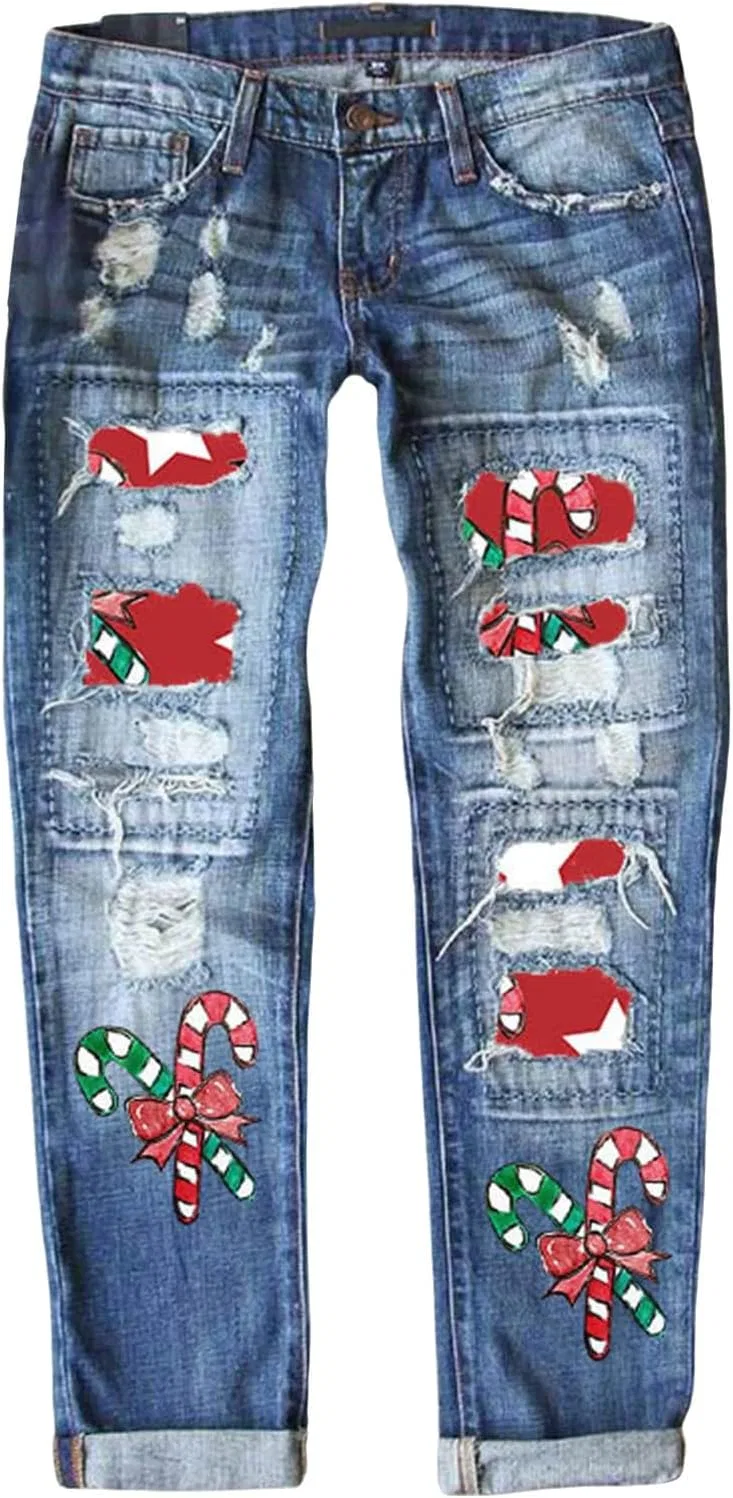 Джинсы рваные boyfriend, Christmas Patchwork, фиолетовый