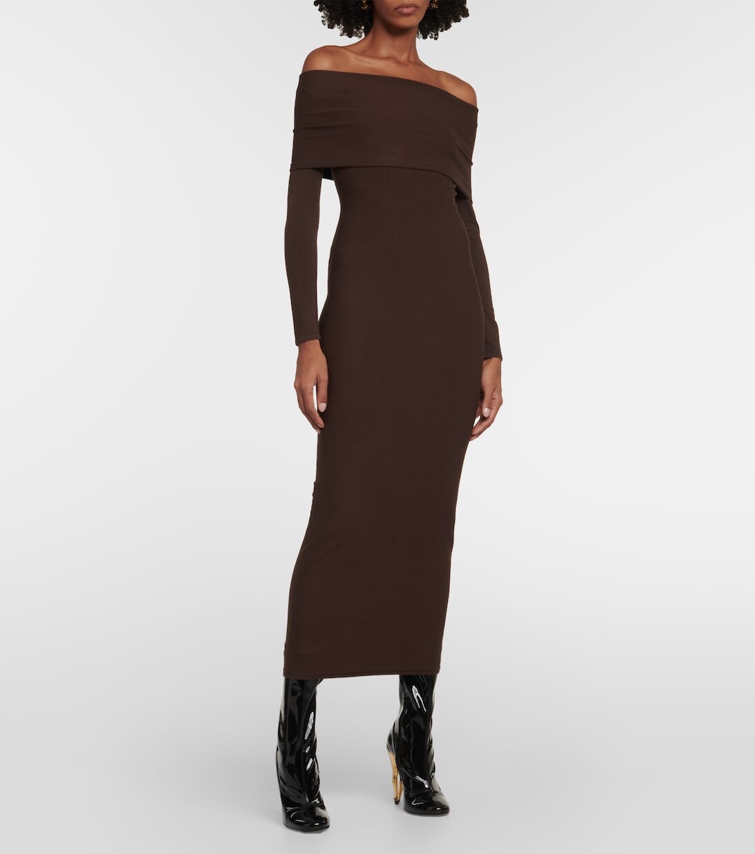 Платье миди из джерси с открытыми плечами Alaïa, коричневый — фото 2