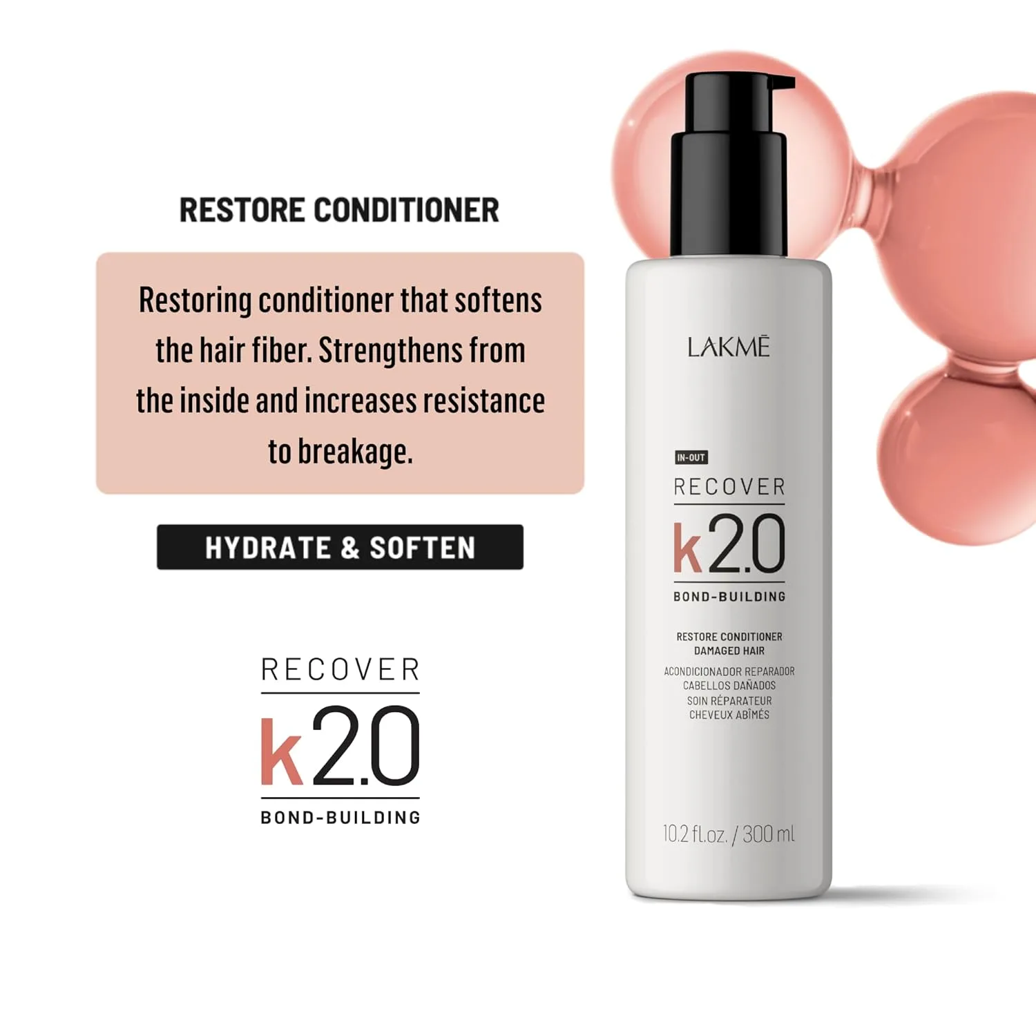 Кондиционер Lakmé K2.0 Recover Restore, восстанавливающий кондиционер для сухих и поврежденных волос, укрепляет и защищает волокна, обеспечивает термозащиту, 10,2 жидких унций. — фото 2