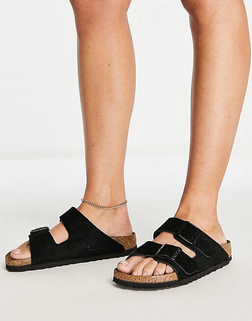 Черные замшевые сандалии на плоской подошве Birkenstock Arizona — фото 4
